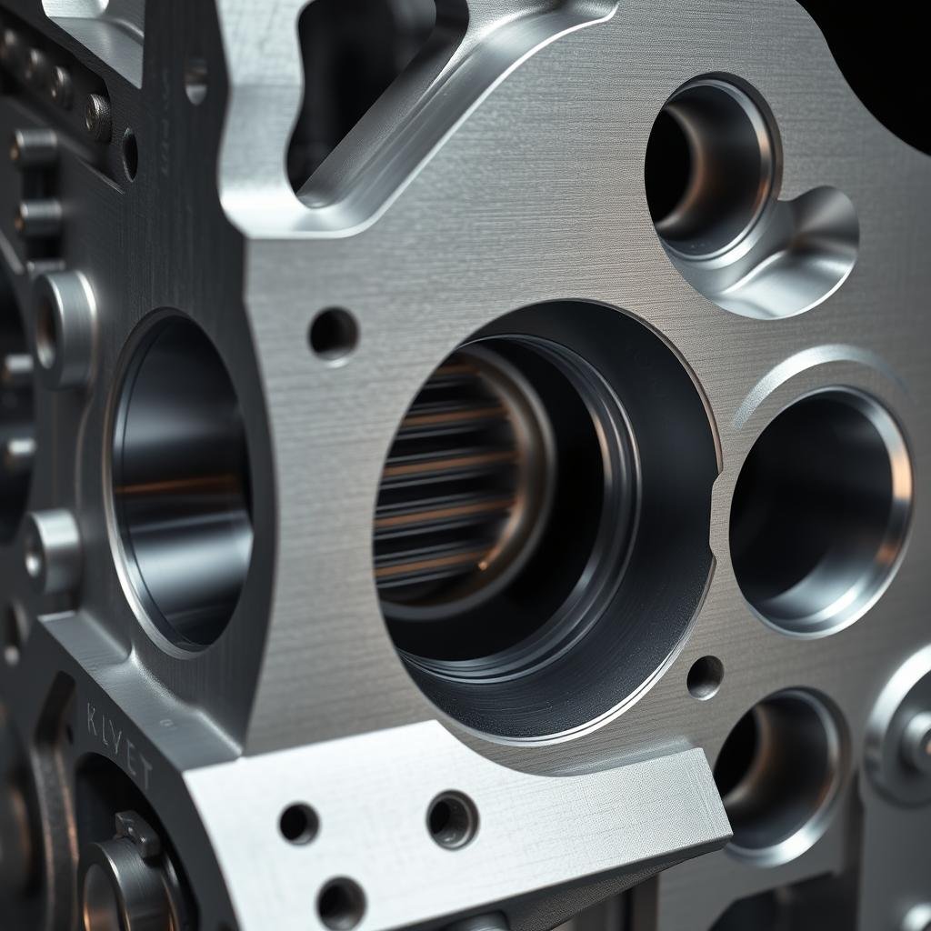 Forged aluminum engine block showing aligned grain structure