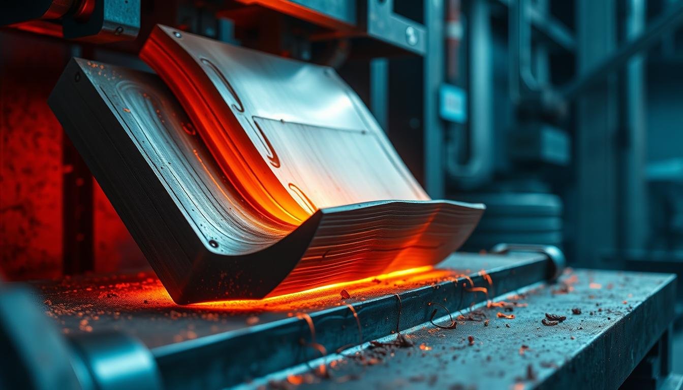 Forged aluminum manufacturing process showing metal being shaped under high pressure