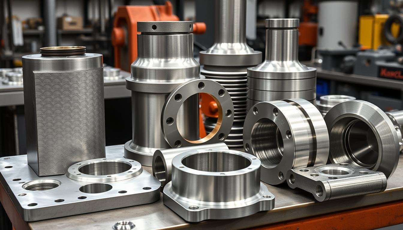 Forged aluminum parts showing grain structure and finished components