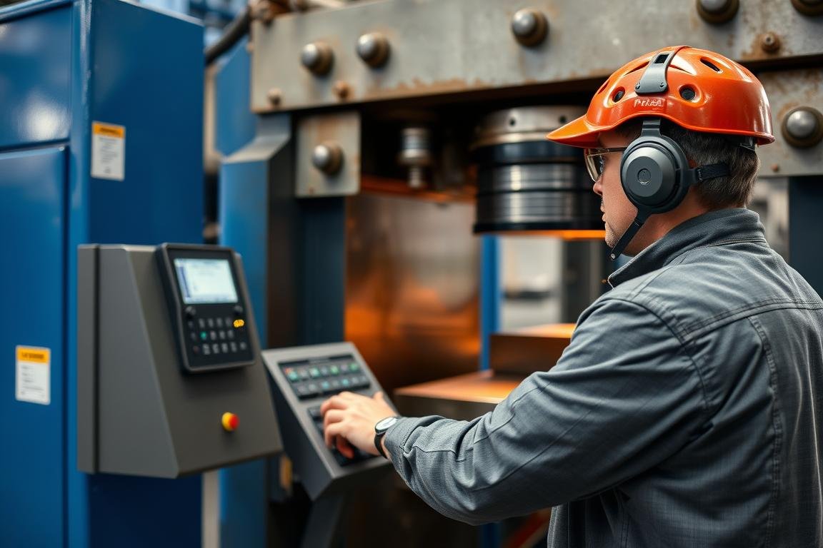 Forging press operator controlling a hydraulic press during operation