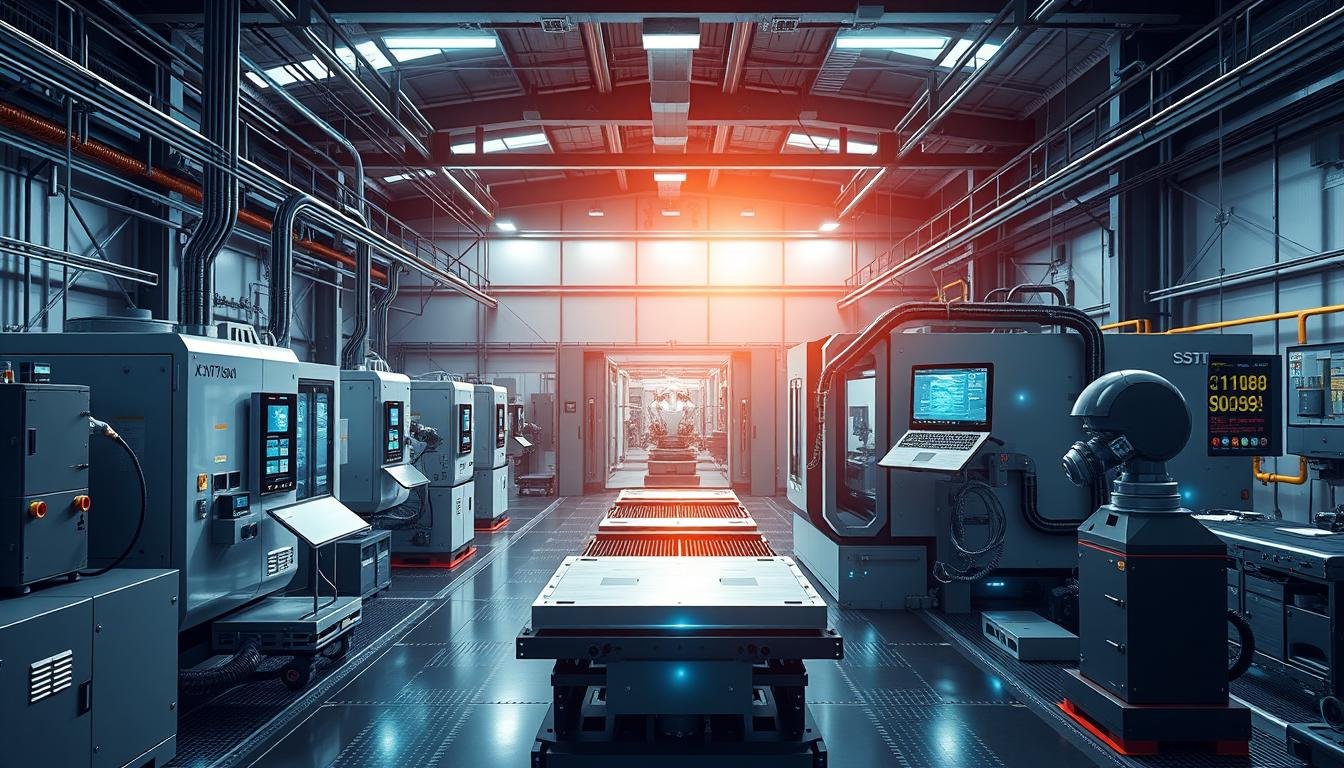 Future vision of advanced billet machining facility with integrated automation and AI systems Future vision of advanced billet machining facility with integrated automation and AI systems