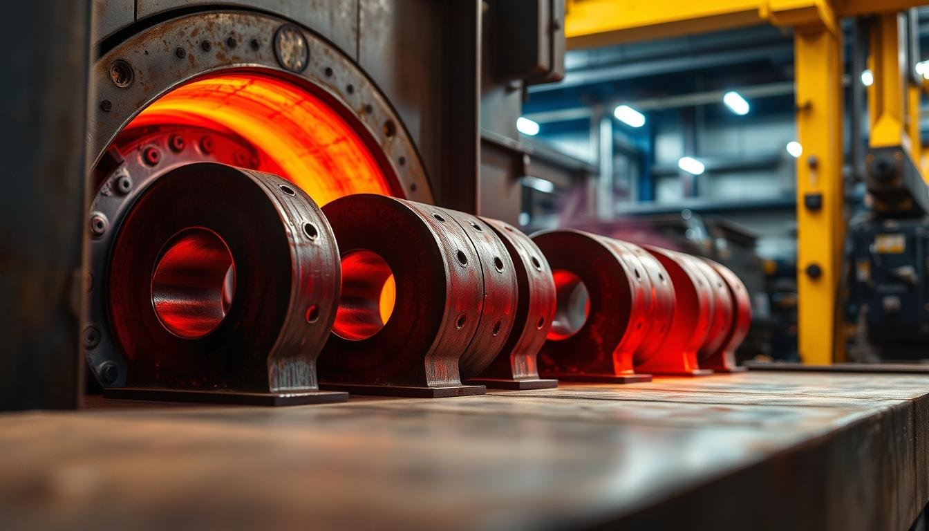Heat treatment process for steel forgings showing glowing hot components Heat treatment process for steel forgings showing glowing hot components