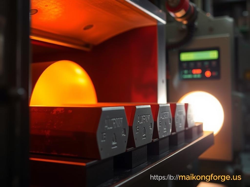 Heated aluminum billets glowing orange-red in industrial furnace with https://maikongforge.us watermark