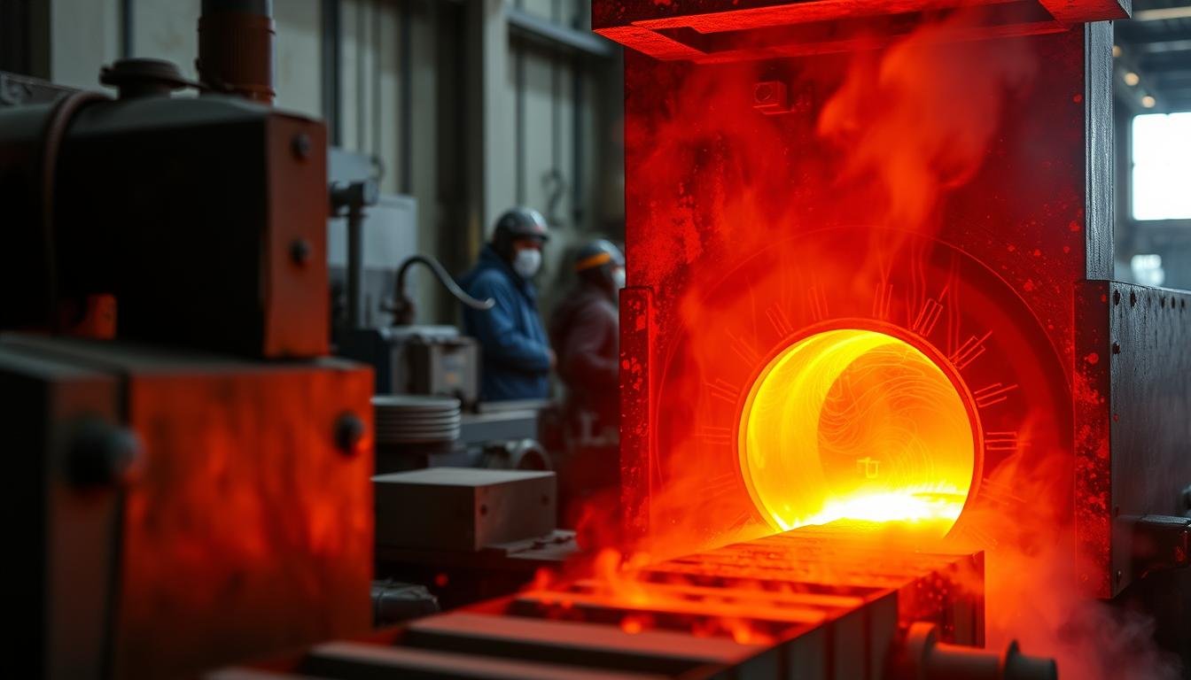Hot aluminum forging process at Maikong Forge showing molten aluminum being shaped