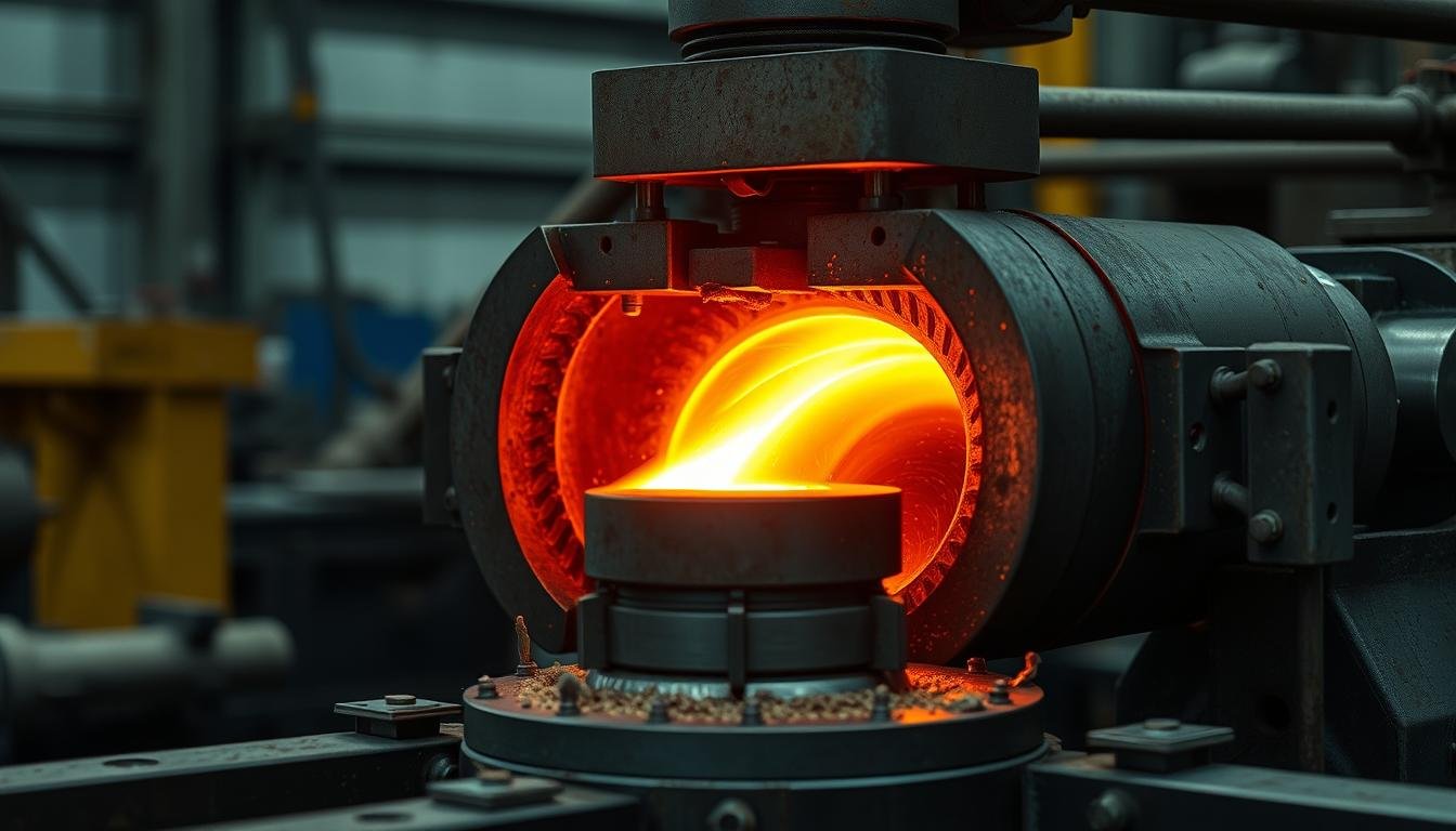 Hot aluminum forging process with glowing metal being shaped