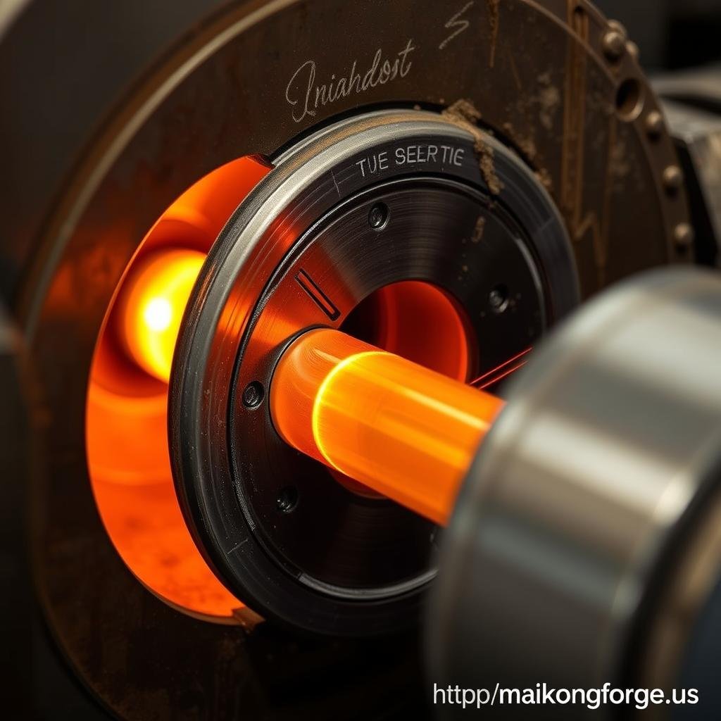 Hot brass extrusion process showing heated brass being formed through a die