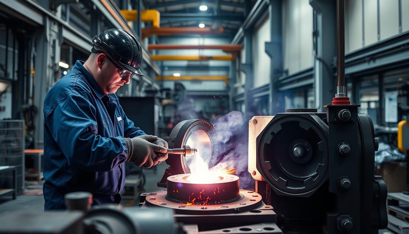 Hot forging aluminum process at MAIKONG facility showing heated aluminum being shaped under pressure
