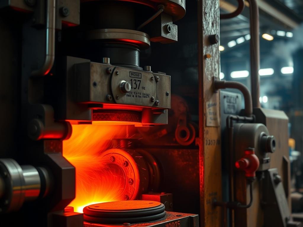 Hot forging press in operation processing glowing metal Hot forging press in operation processing glowing metal