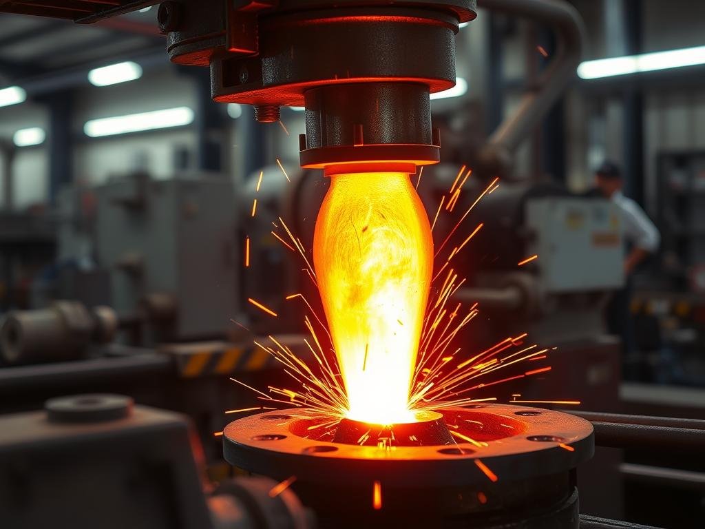 Hot forging process at MAIKONG showing glowing metal being shaped