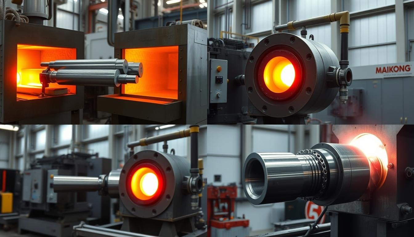 Hot forging process of aluminum components at MAIKONG facility showing the transformation from raw material to finished part