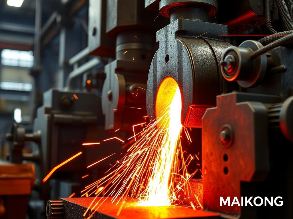 Hot forging process showing glowing metal being shaped at MAIKONG