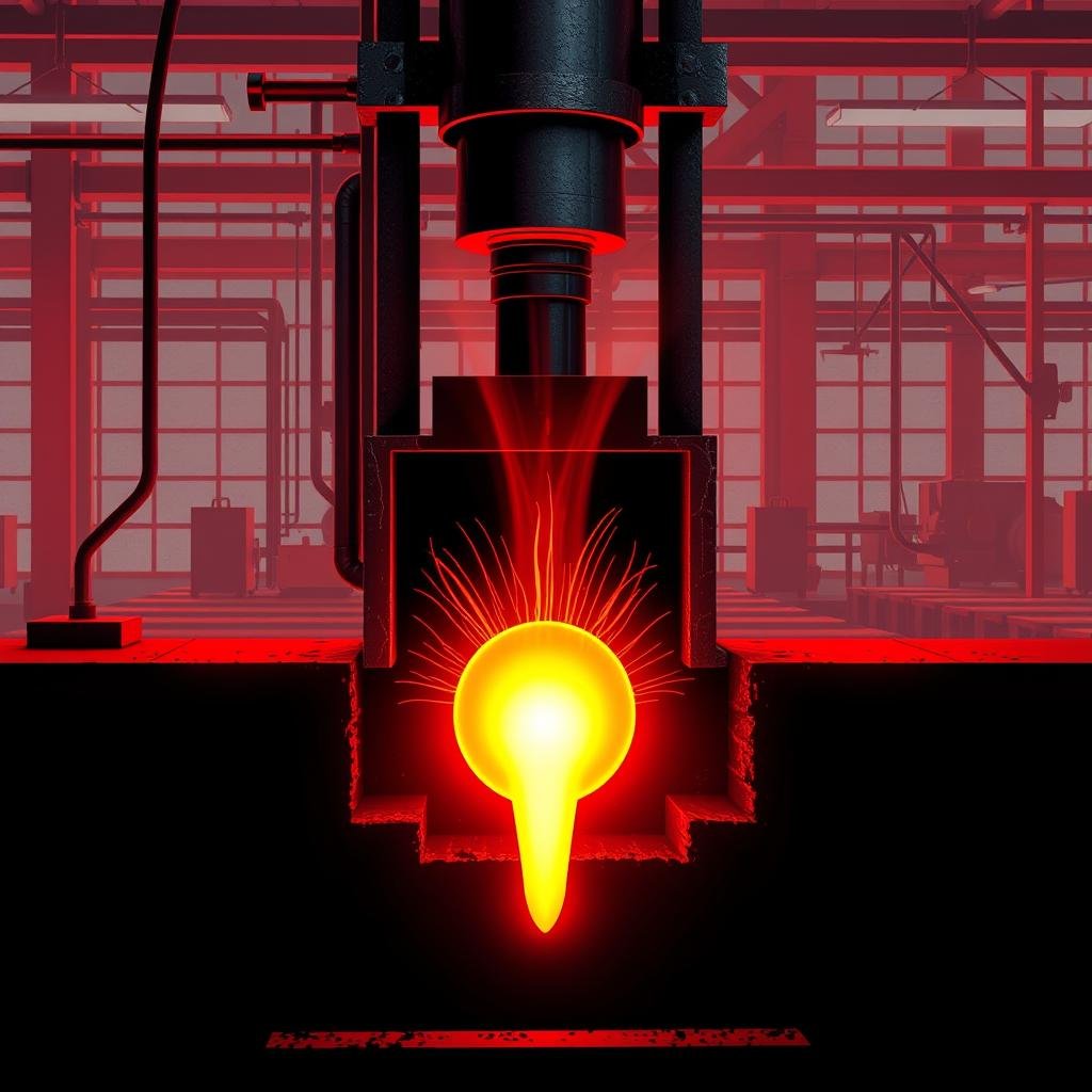 Hot forging process showing glowing metal being shaped