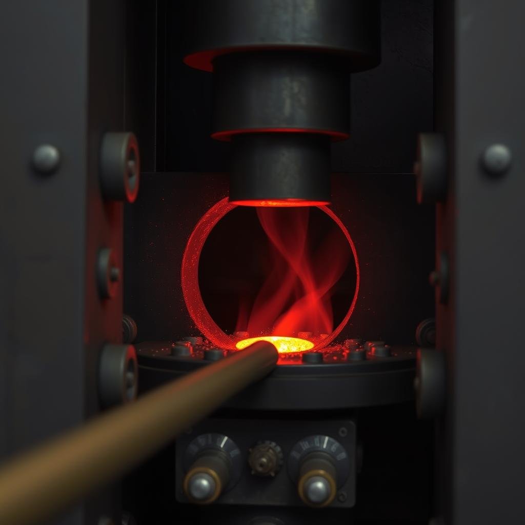 Hot forging process showing metal heated to glowing temperature being shaped by hydraulic press