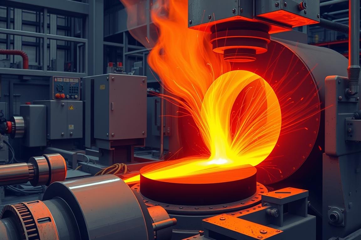 Hot forging process with glowing metal being shaped under high pressure
