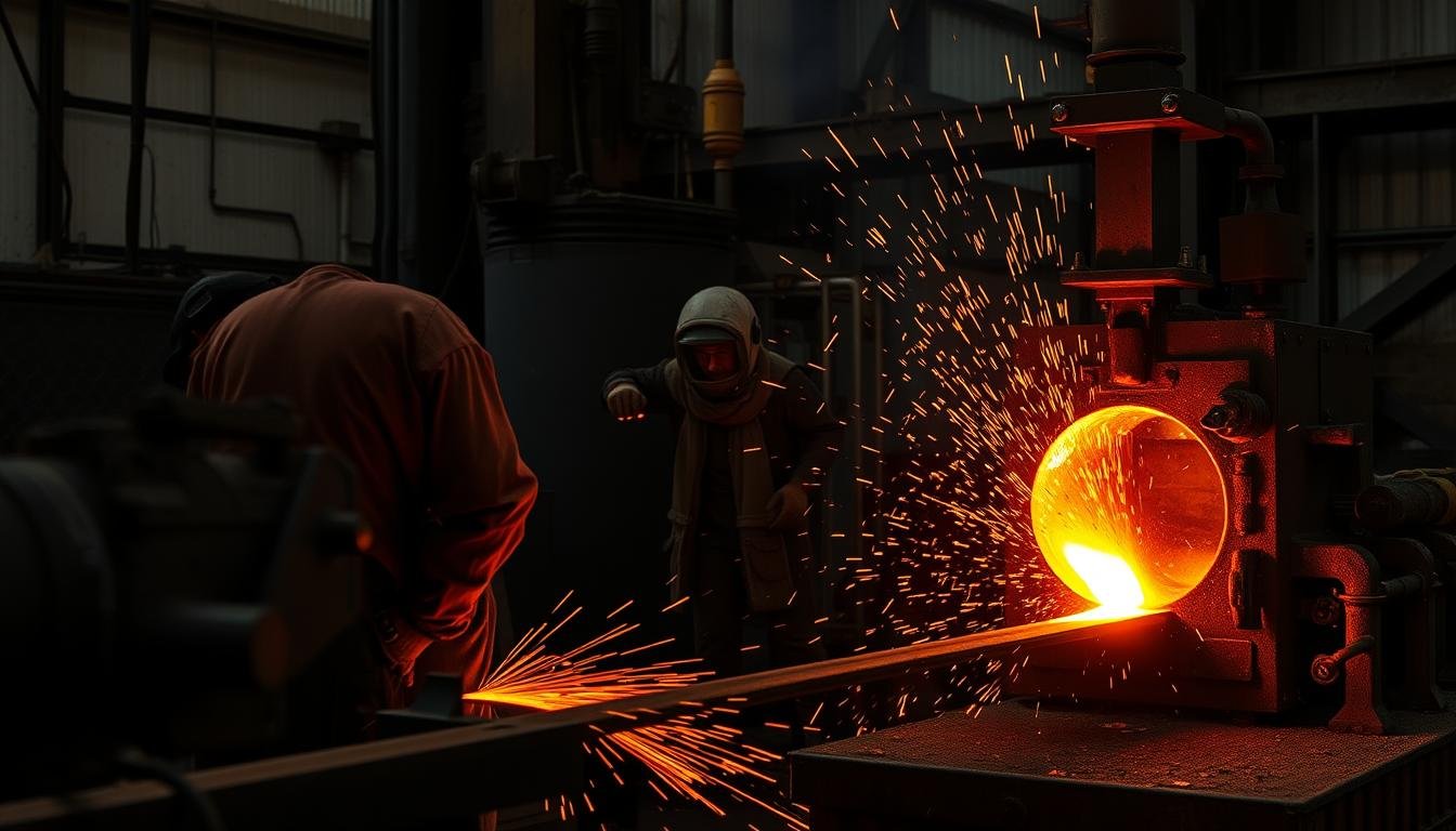 Hot steel forging process showing glowing metal being worked
