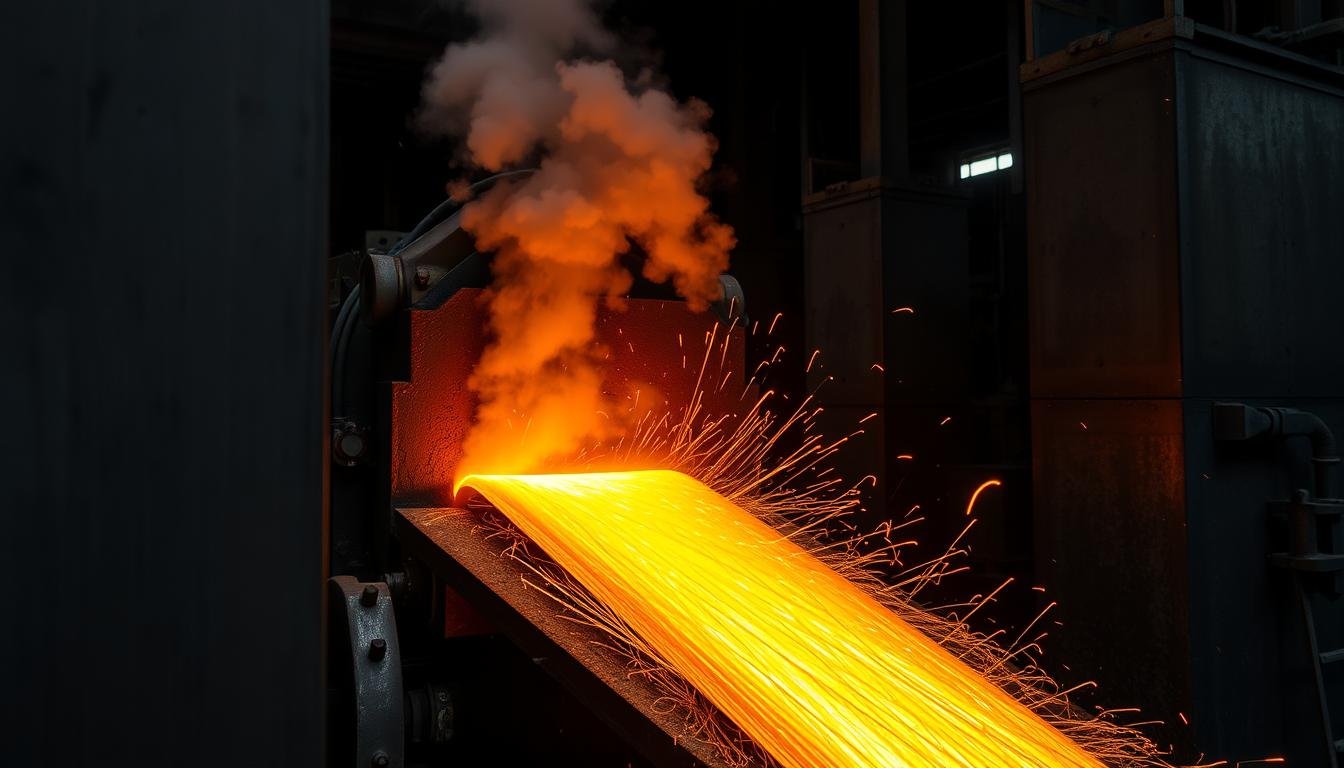 Hot steel forging process with glowing metal being shaped