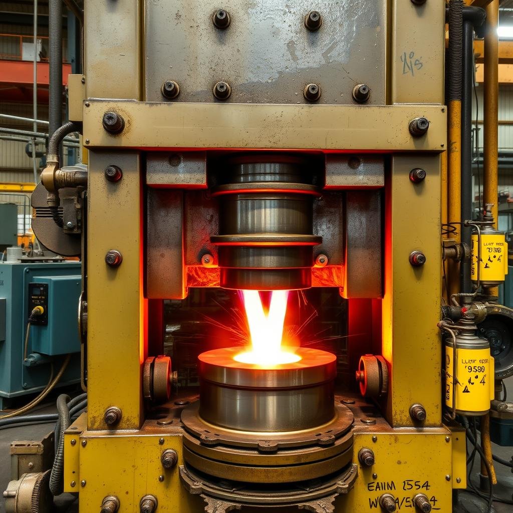 Hydraulic press forging heated aluminum into shape Hydraulic press forging heated aluminum into shape