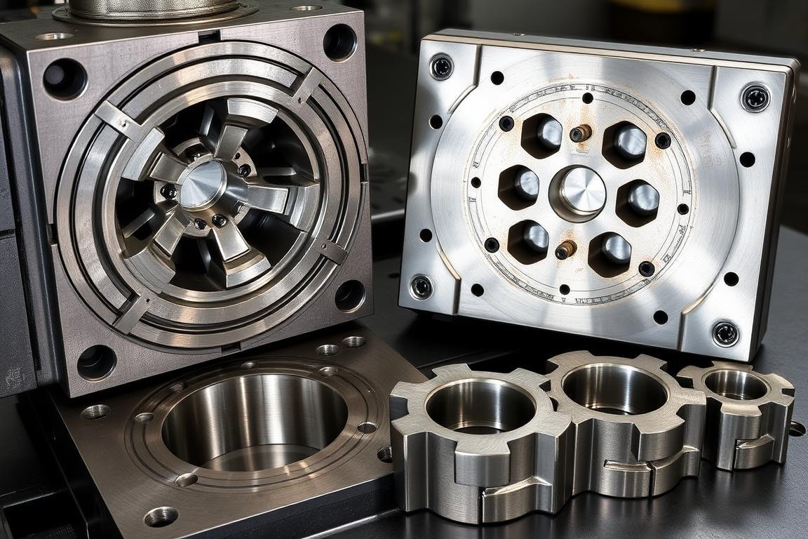 Impression die forging process showing custom dies and complex steel forged components