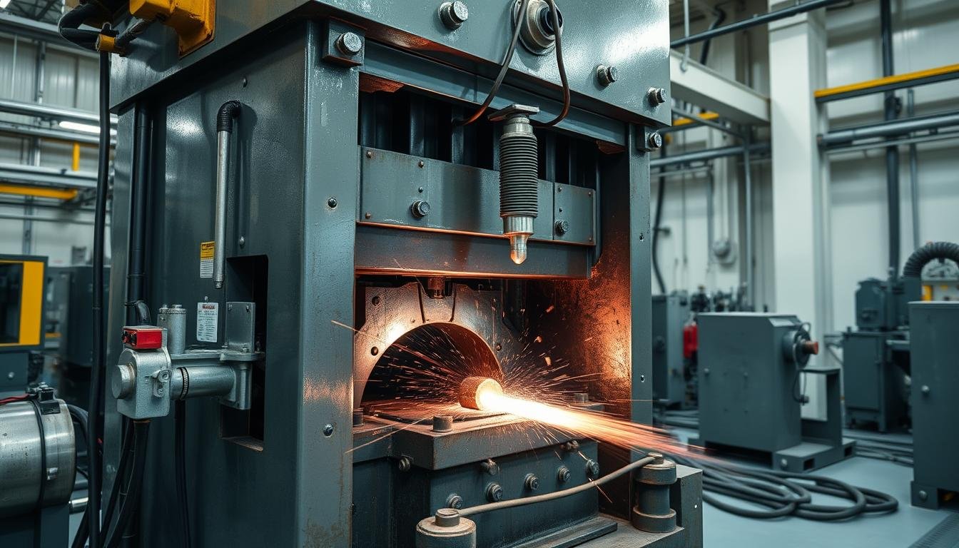 Industrial Forging Press in operation showing the main components and metal being formed