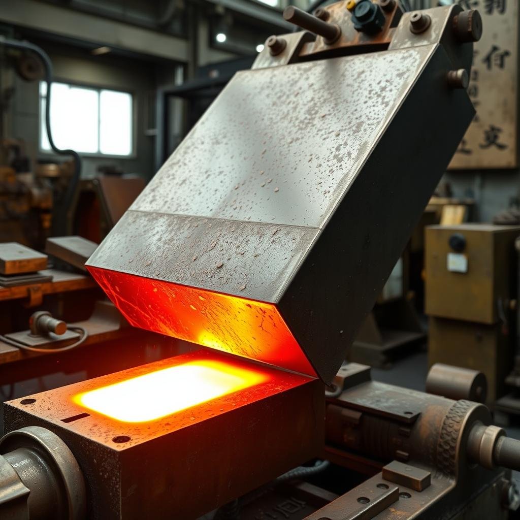Industrial forging hammer in operation with glowing metal