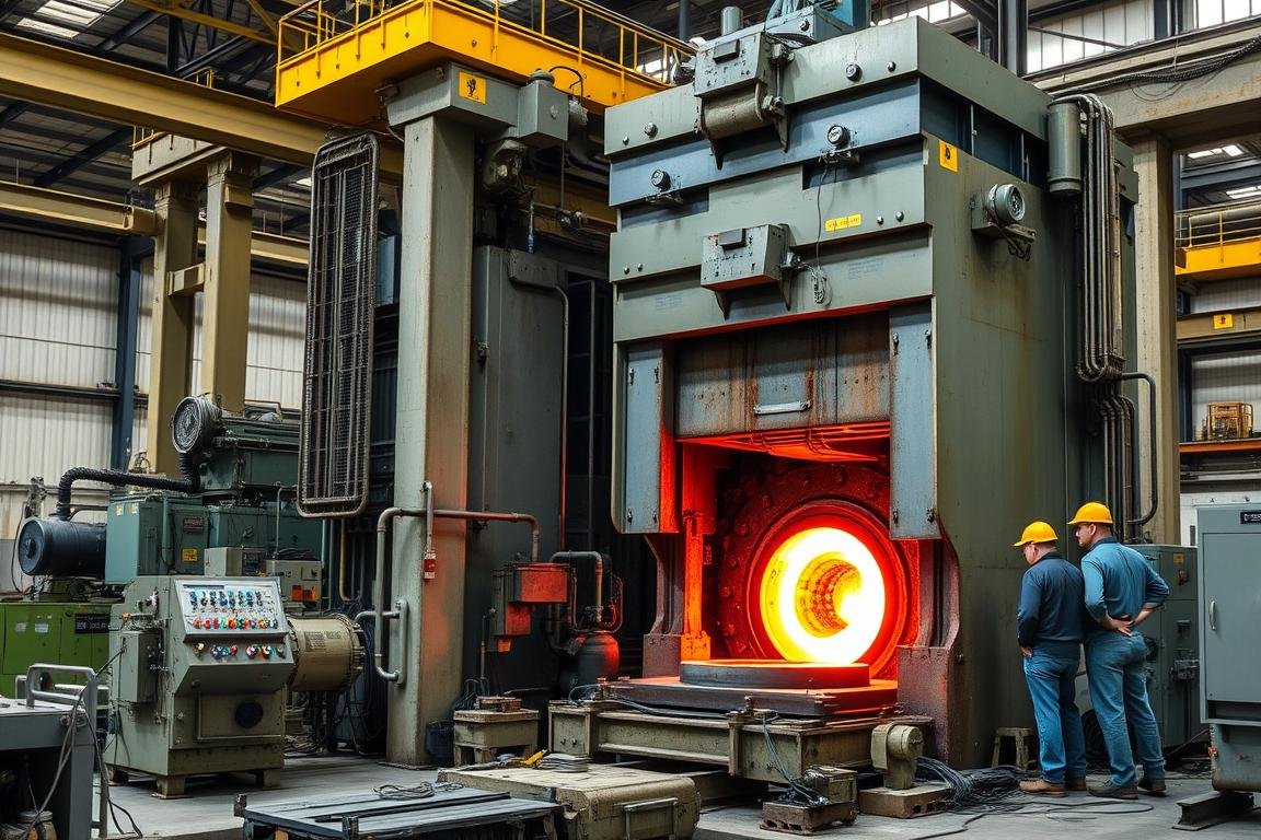 Industrial forging press shaping a steel workpiece