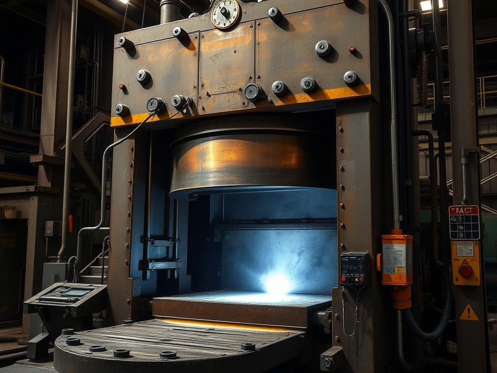 Industrial forging press shaping metal between dies