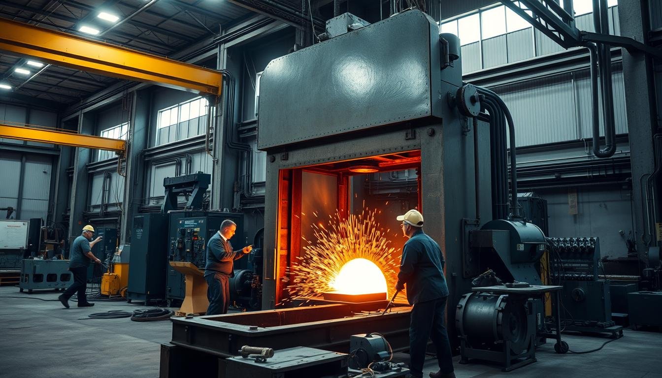 Industrial metal forge process showing hot metal being shaped under hydraulic press