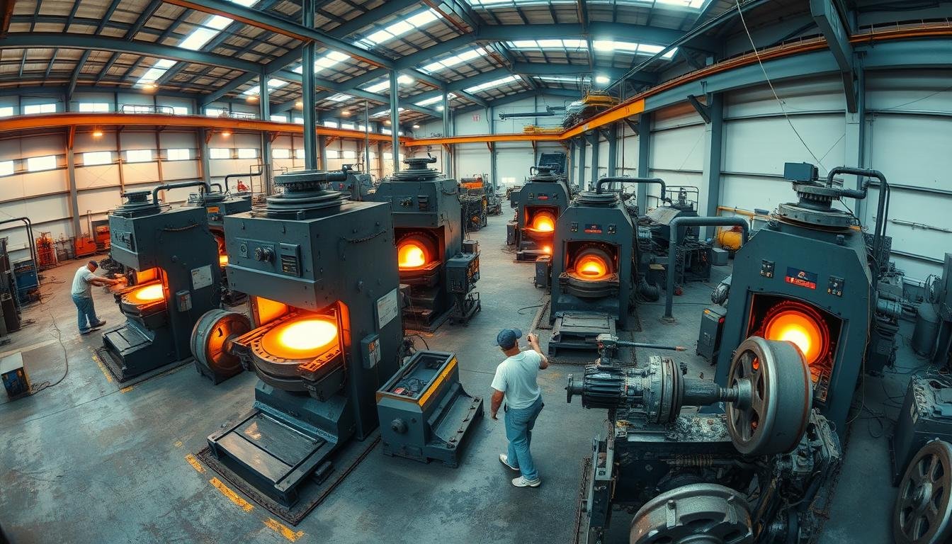 Industrial metal forging equipment in a manufacturing facility