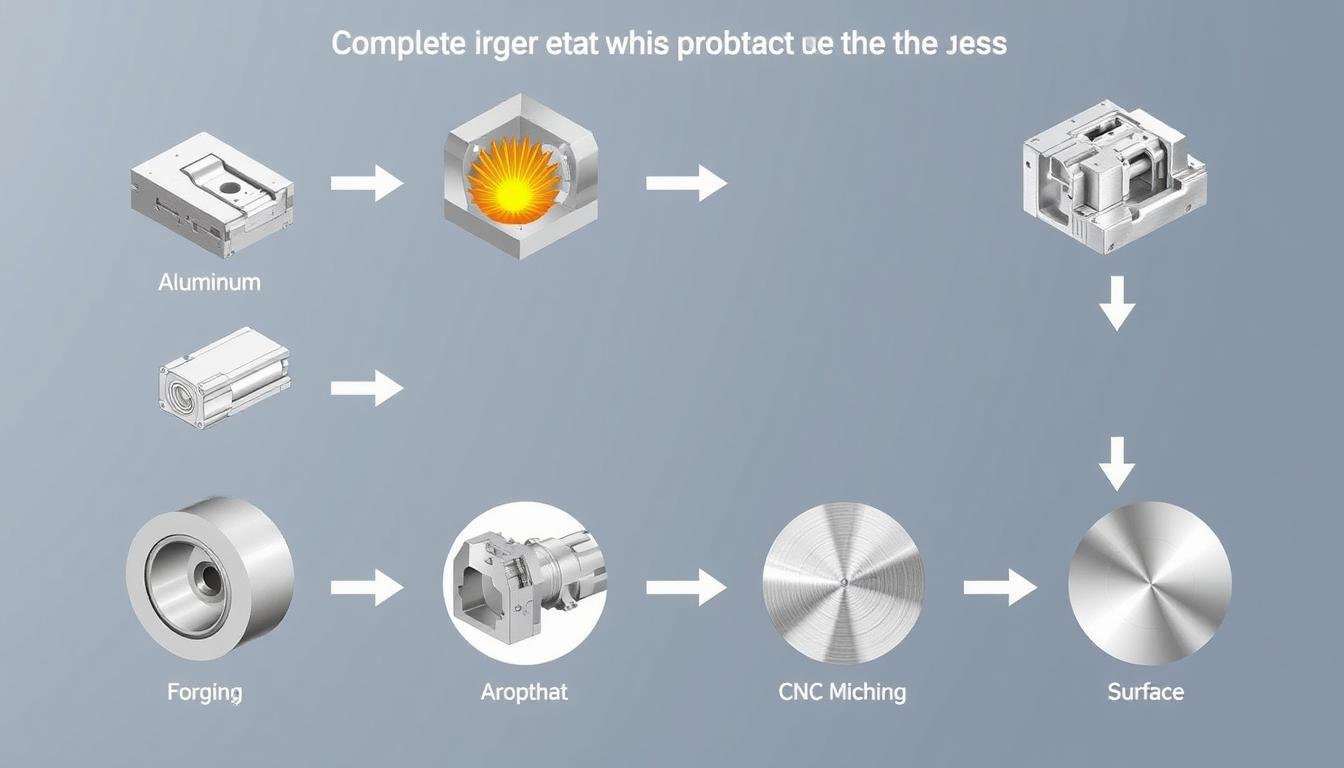 Integrated manufacturing process showing forging, machining, and finishing operations