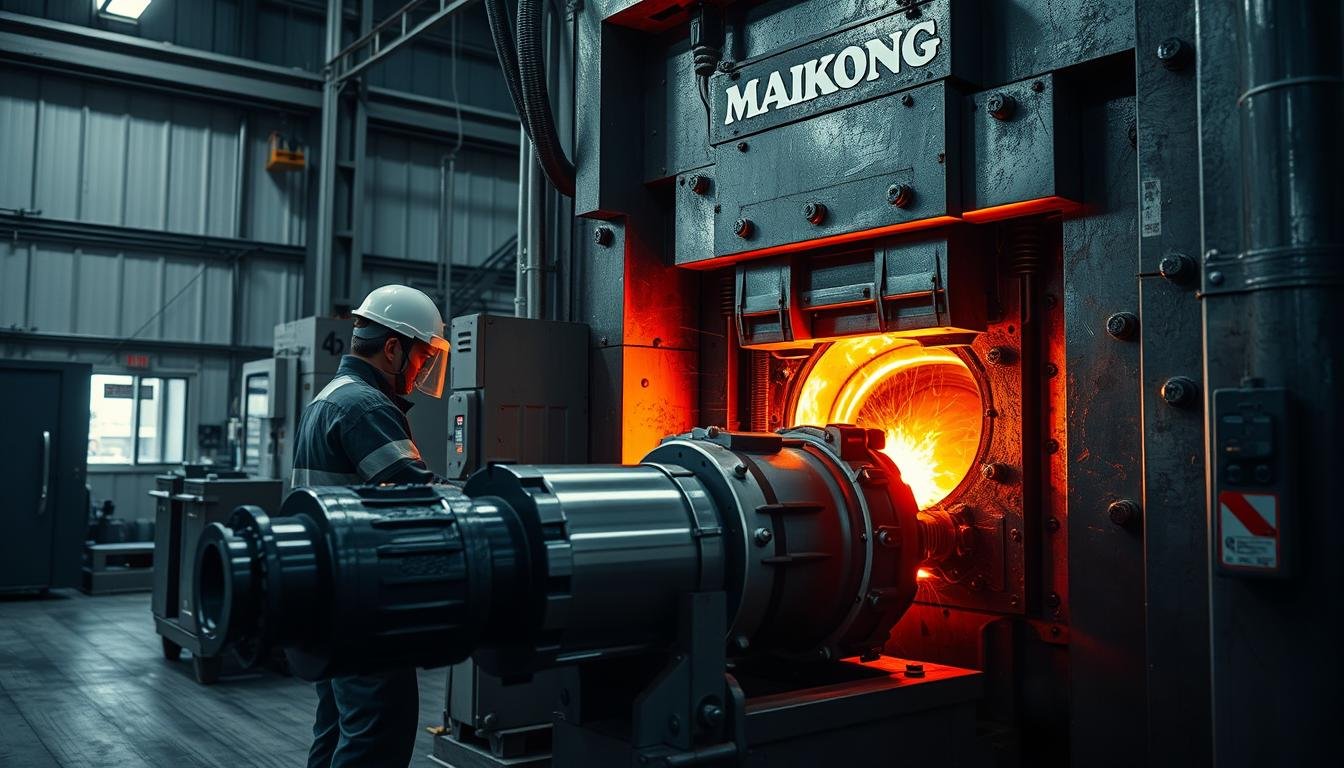 MAIKONG Aluminum Forging process showing metal being shaped under high pressure