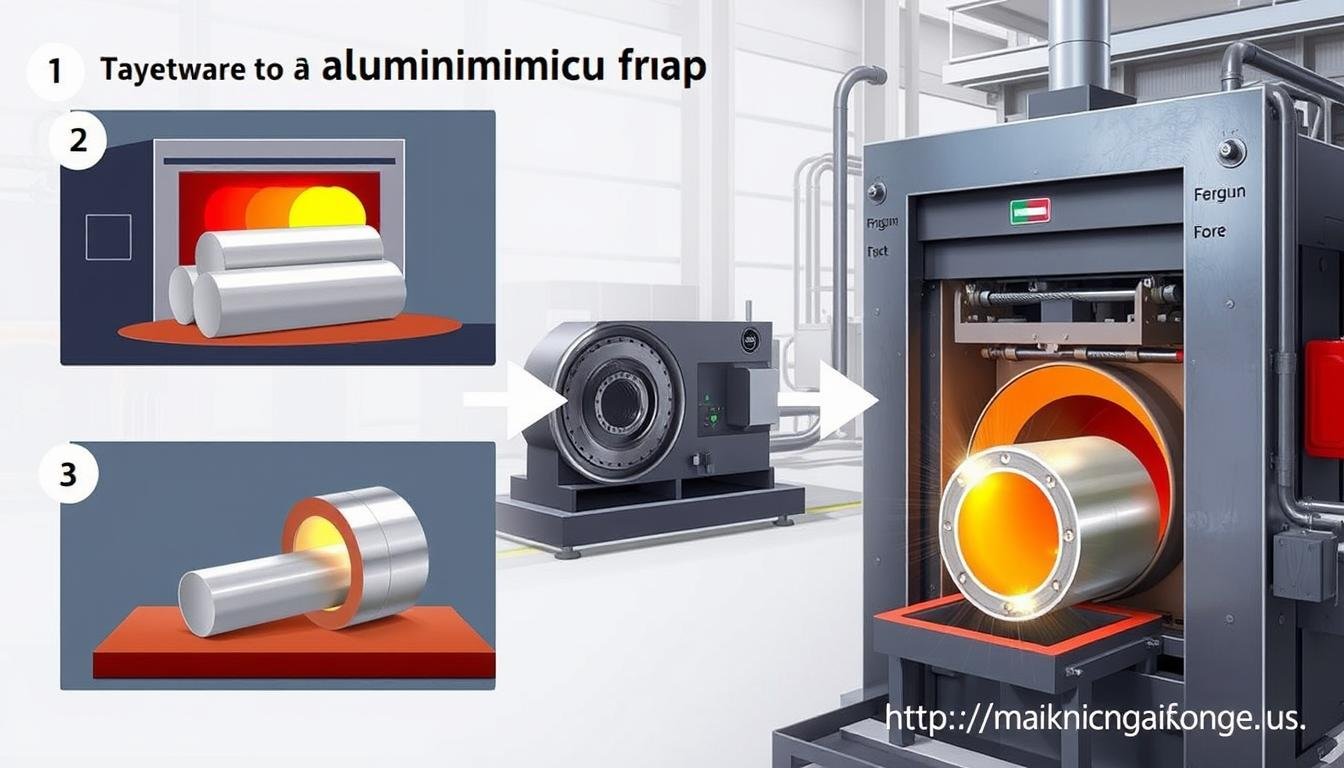 MAIKONG aluminum forging process showing heated aluminum billets being forged in hydraulic press