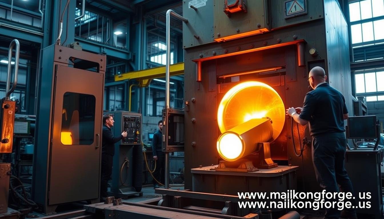 MAIKONG aluminum forging process showing metal being shaped under hydraulic press with https://maikongforge.us watermark