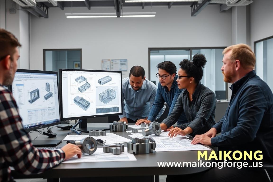 MAIKONG engineering team reviewing aluminum forging designs with https://maikongforge.us watermark