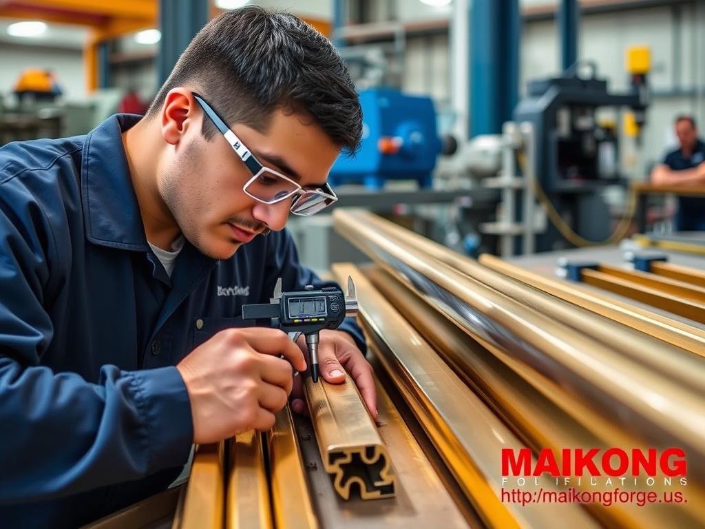 MAIKONG engineers examining brass extrusion profiles for quality control