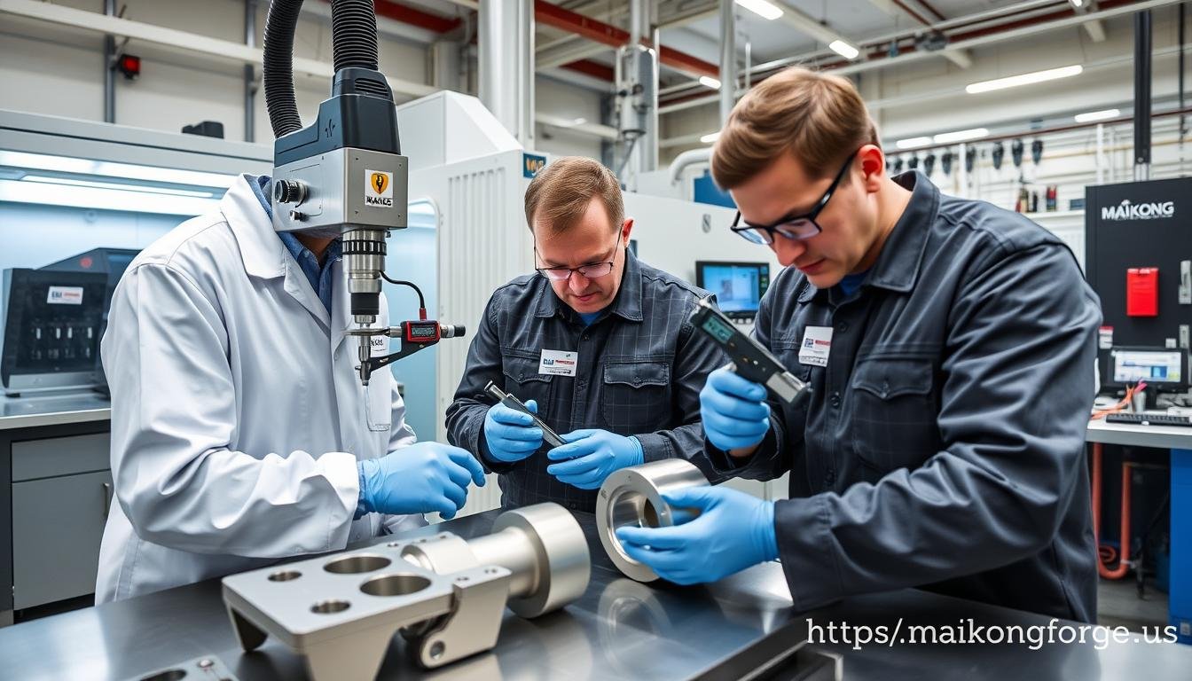 MAIKONG quality control team inspecting aluminum forged components