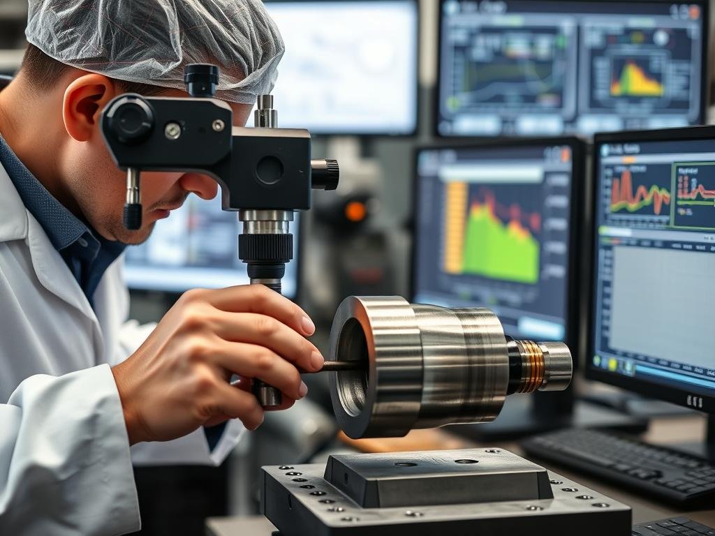 MAIKONG quality control technician inspecting steel forged components with precision measuring equipment