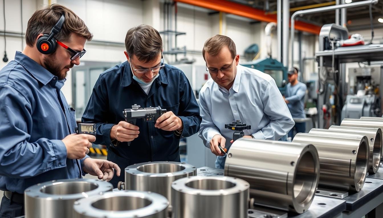MAIKONG quality inspection team examining machined aluminum forgings