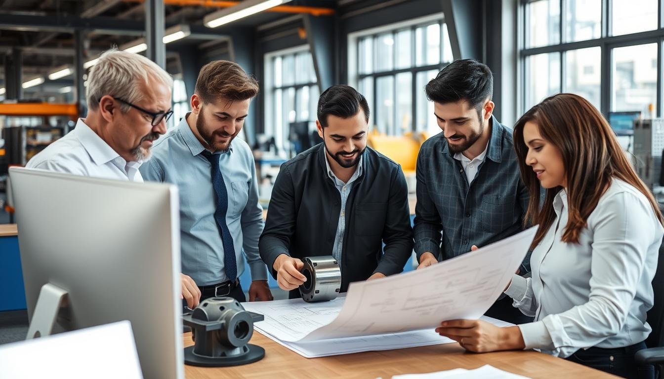 MAIKONG team members collaborating on a forged metal component project