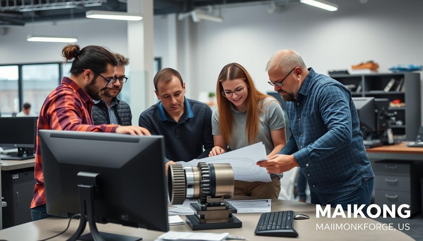 MAIKONG team members collaborating on a manufacturing project