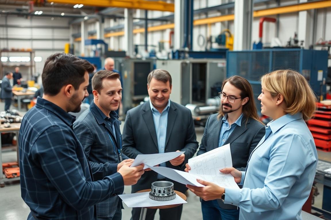 MAIKONG team members collaborating on aluminum forging project