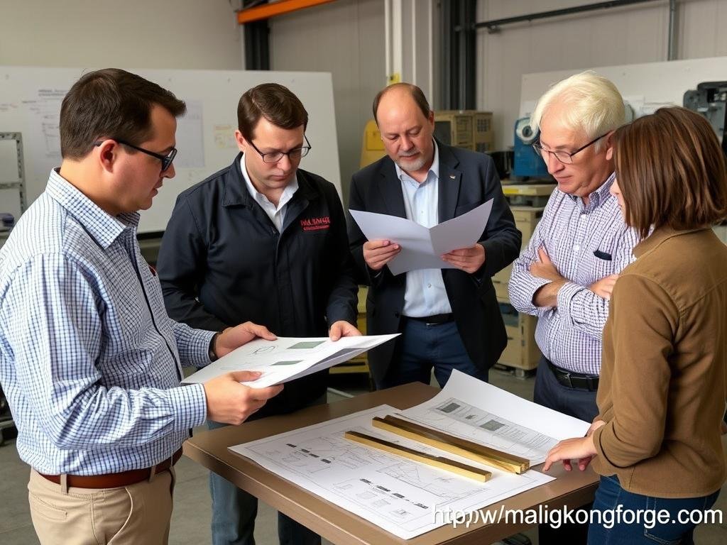 MAIKONG team members collaborating with clients on brass extrusion project
