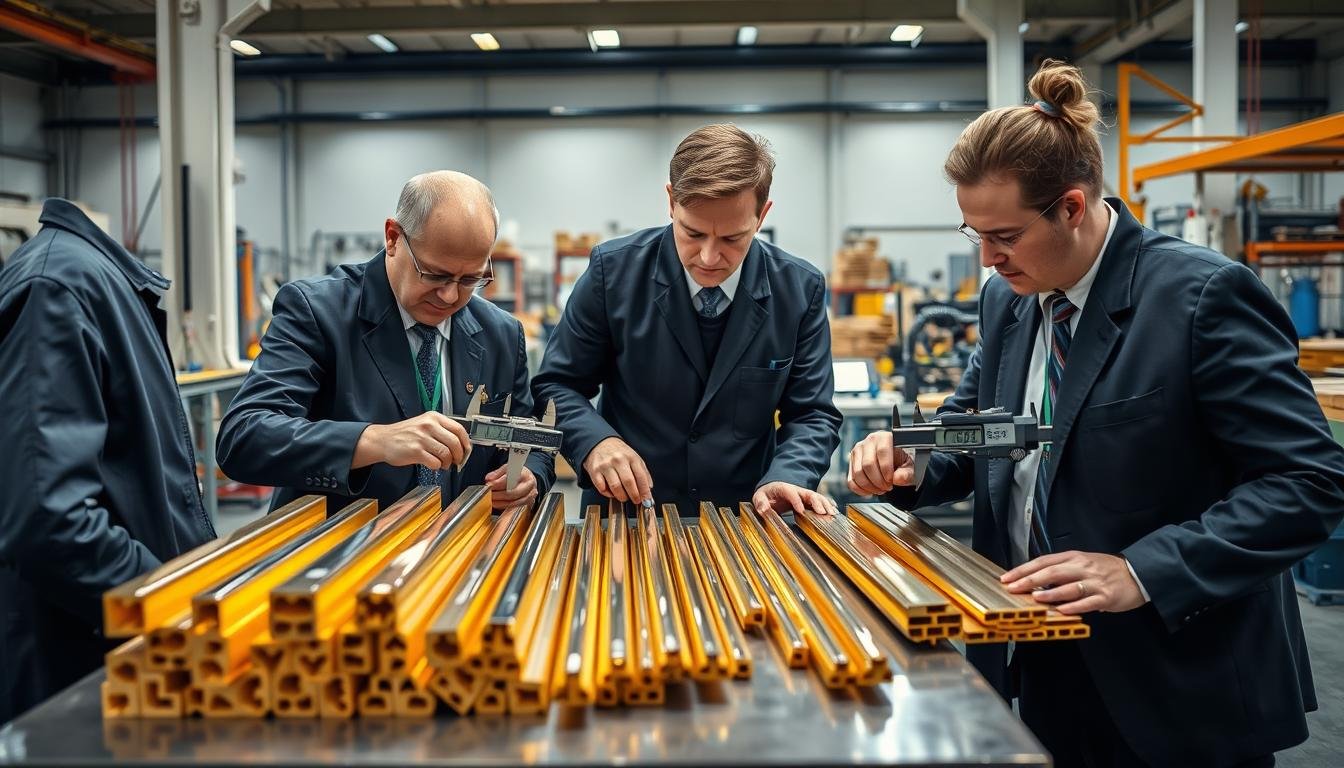 MAIKONG team members inspecting brass extrusion quality