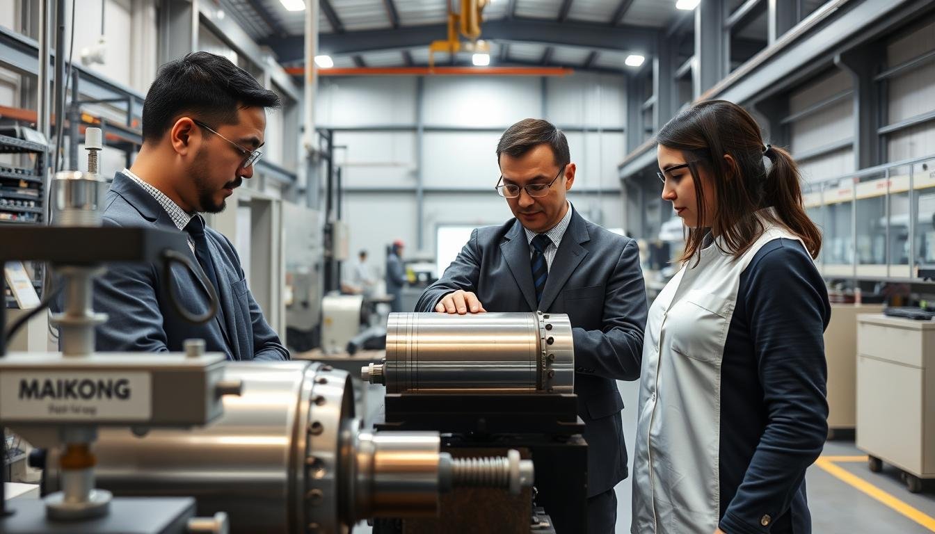 MAIKONG team members inspecting finished steel forged components