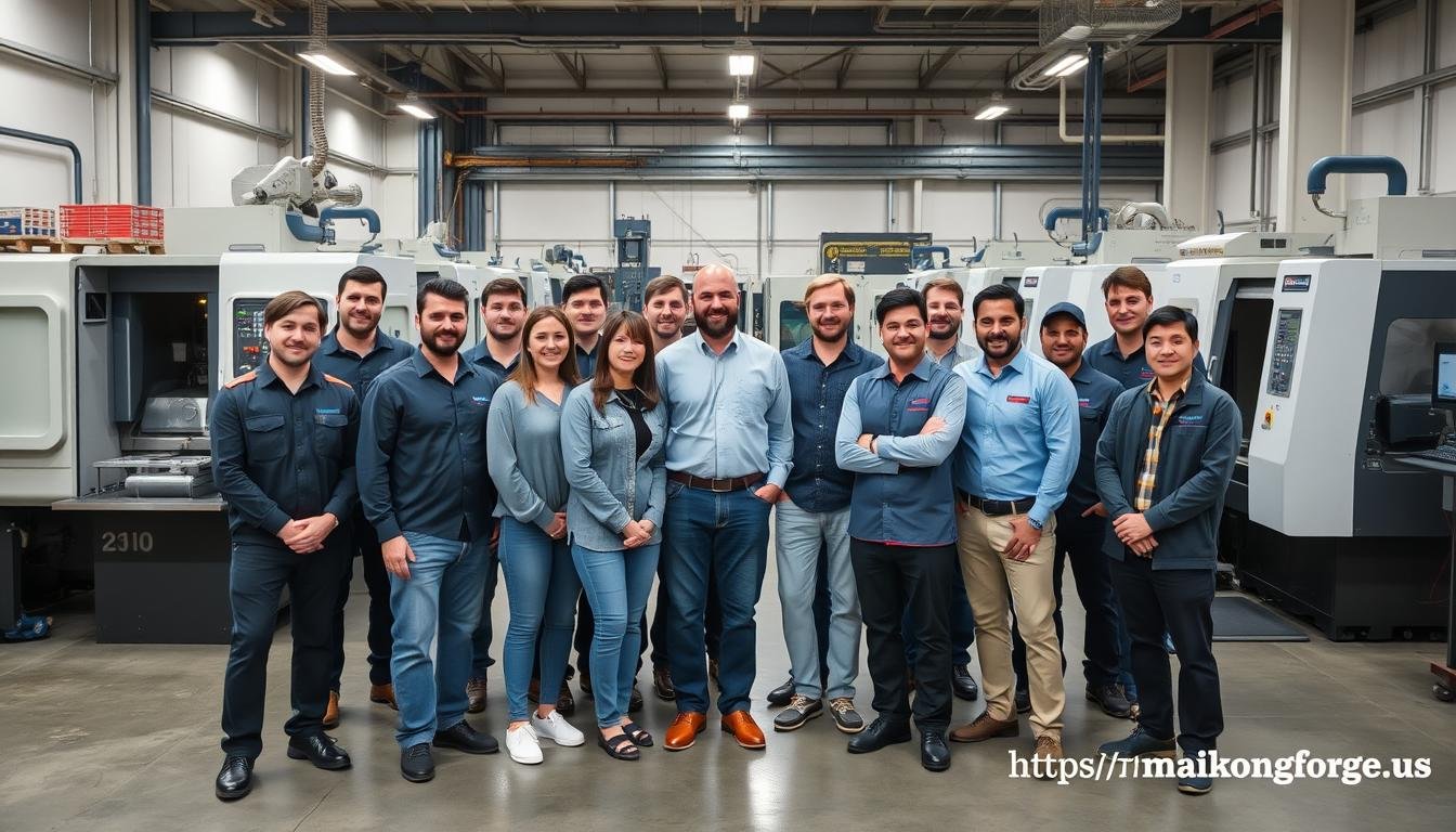 MAIKONG team of engineers and machinists standing in front of CNC machines