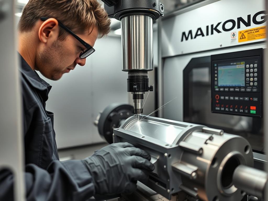 MAIKONG technician operating advanced CNC machine for precision aluminum part finishing