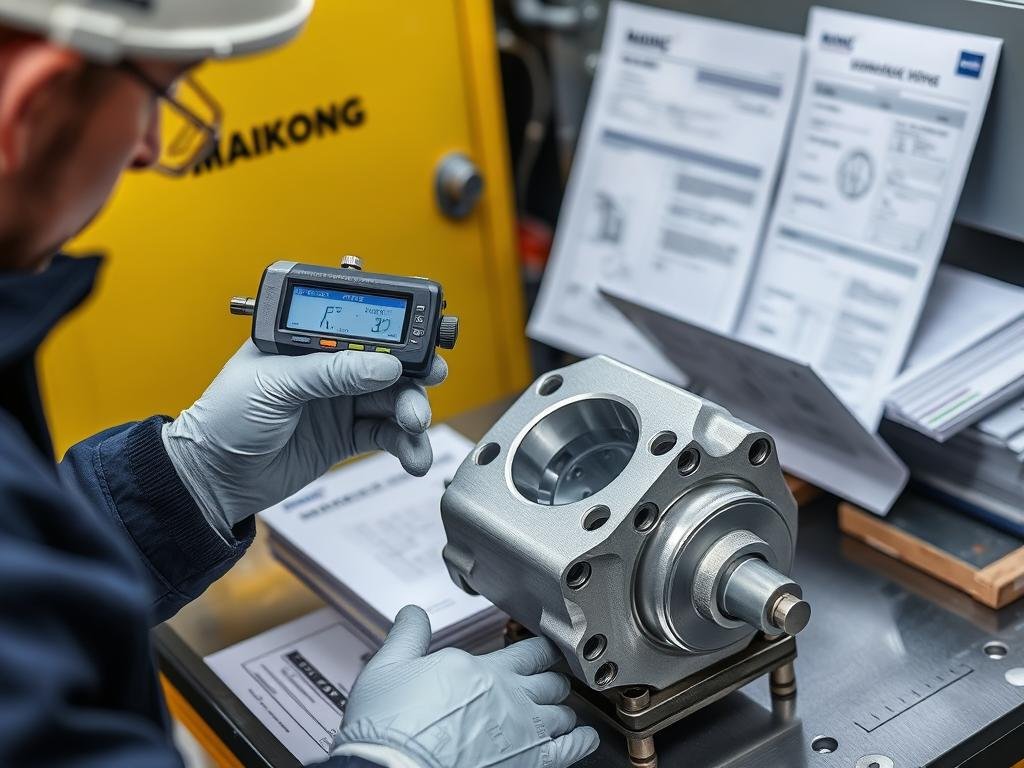 MAIKONG technician performing quality inspection on forged aluminum components