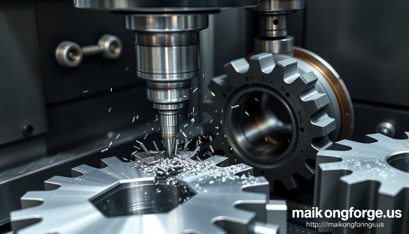 MAIKONG's CNC machining process for steel gears showing precision cutting operations