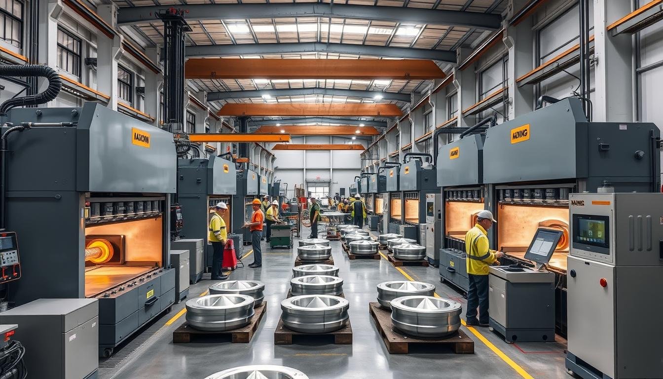 MAIKONG's advanced hot forging aluminum facility with hydraulic presses and heat treatment equipment
