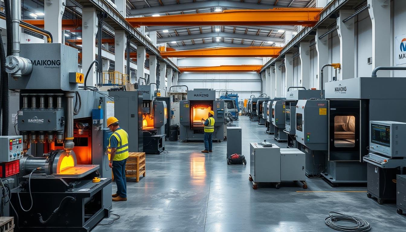 MAIKONG's advanced hot forging aluminum facility with multiple hydraulic presses and CNC machines
