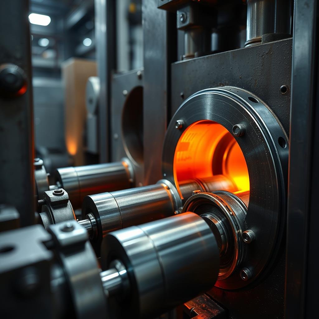 MAIKONG's aluminum forging process showing heated aluminum being shaped MAIKONG's aluminum forging process showing heated aluminum being shaped